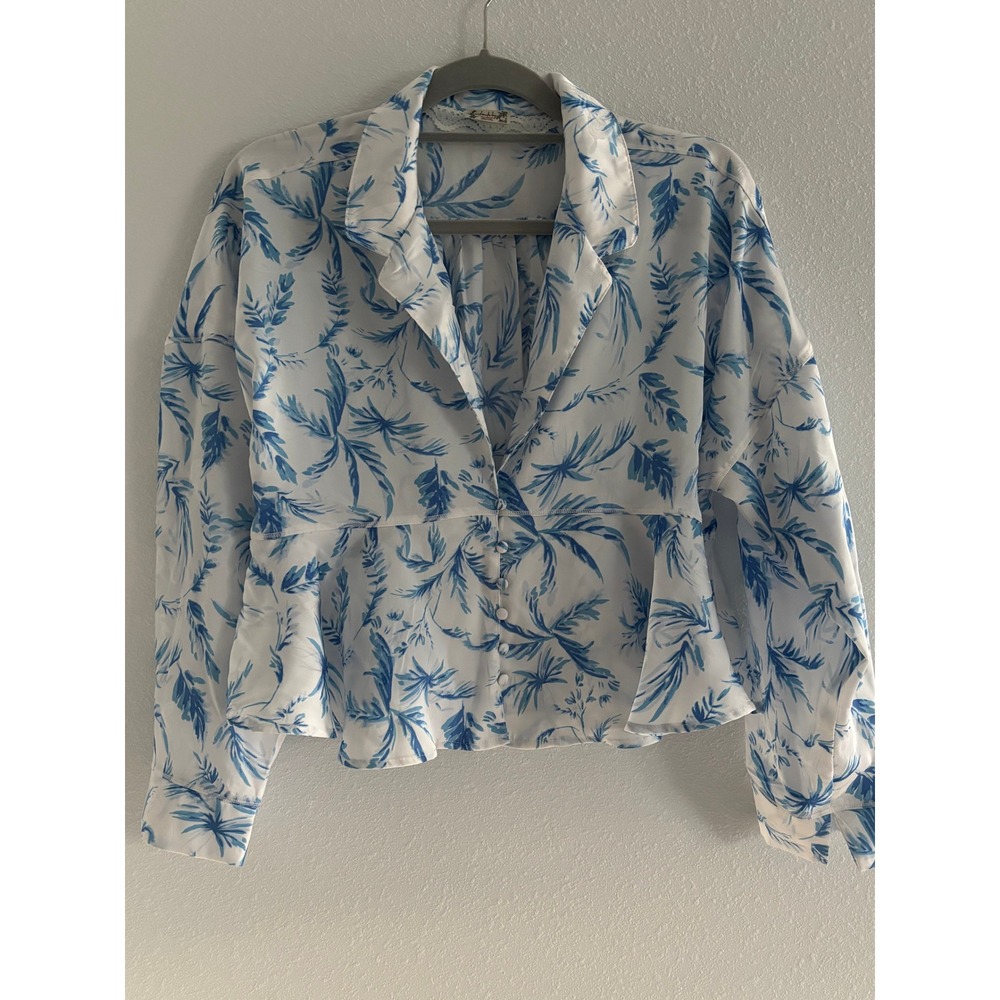 Free People Beauty Sleep Shirt Womens Medium White Blue Floral Satin Lounge - Picture 2 of 4